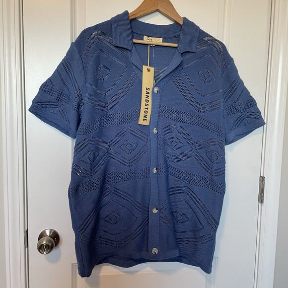NWT Sandstone Geometric Knit Short Sleeve Coastal Sweater Polo Top Shirt Men’s M - Picture 2 of 8